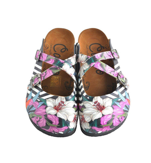Black & Pink Floral Stripe Clogs WCAL153 (737671086176)