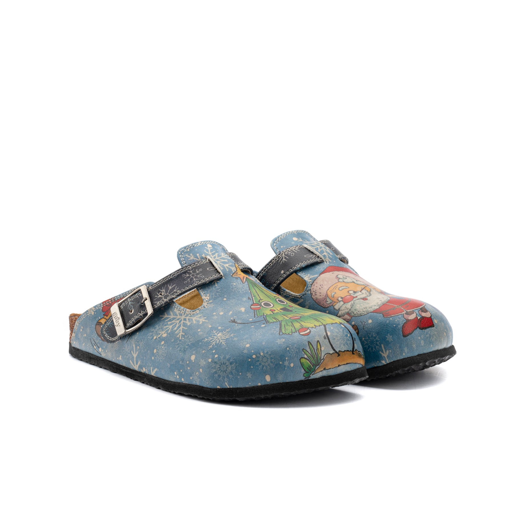 Blauwe klompen met kerstman- en kerstboomprint - CAL3412