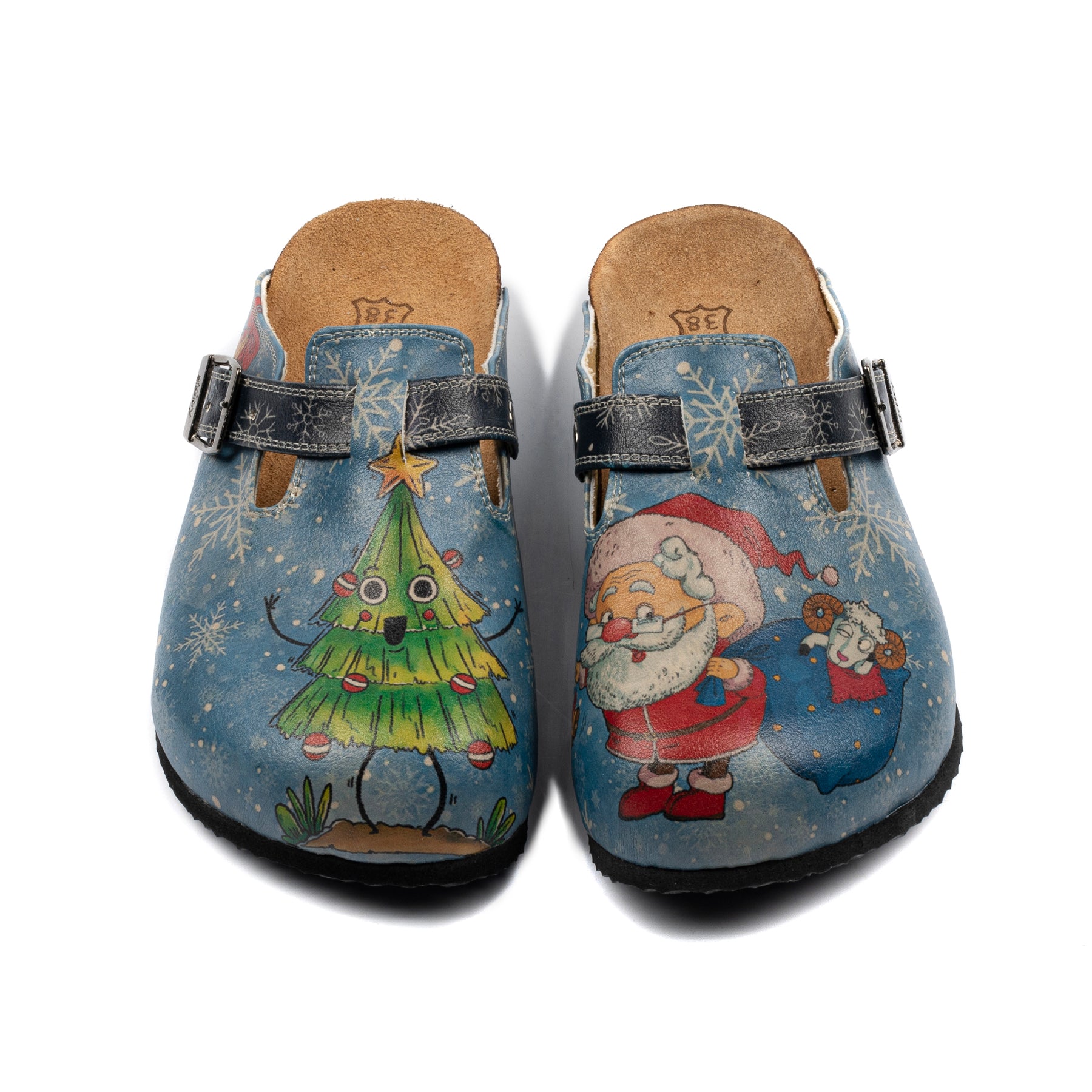 Blauwe klompen met kerstman- en kerstboomprint - CAL3412