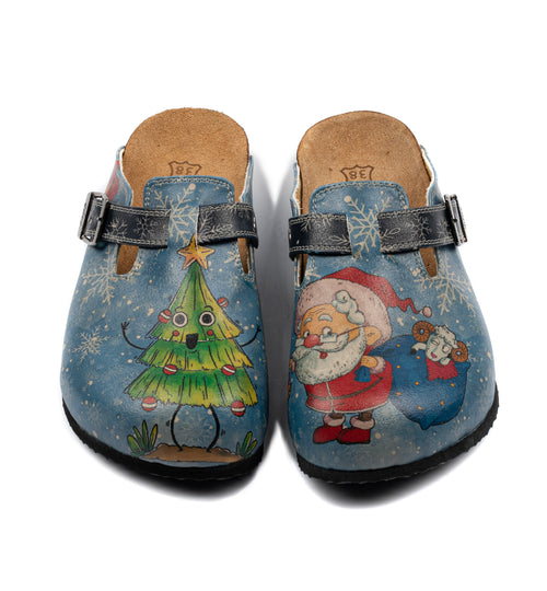 Blauwe klompen met kerstman- en kerstboomprint - CAL3412